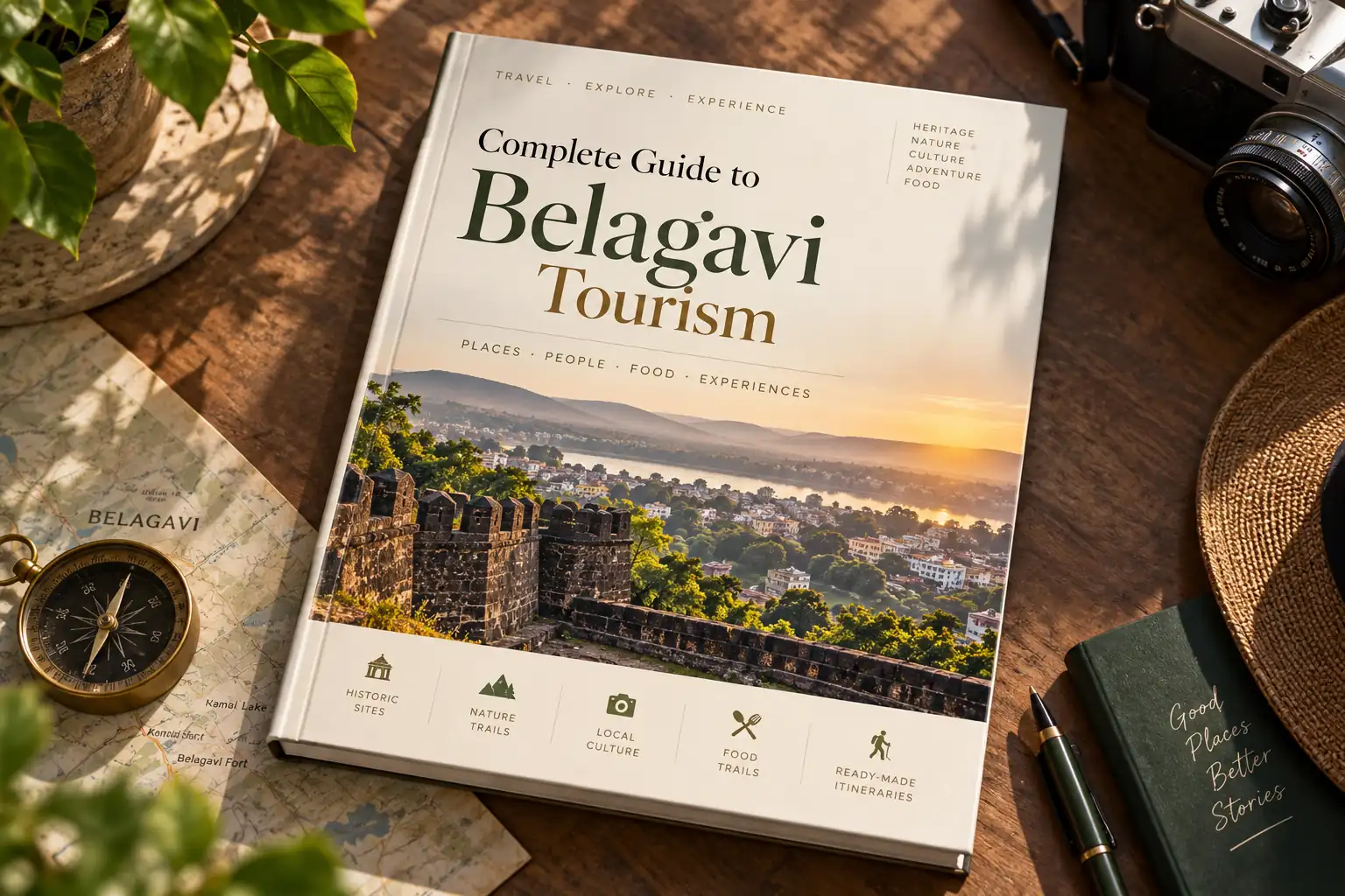 The Complete Guide to Belagavi Tourism on a desk with a map, compass and camera, its cover showing the fort walls above the city
